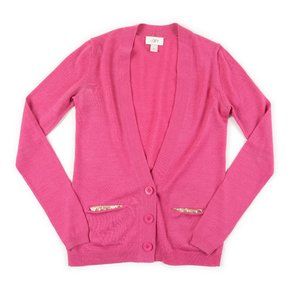 ANN TAYLOR LOFT pink cardigan sweater with gold sequins size XS